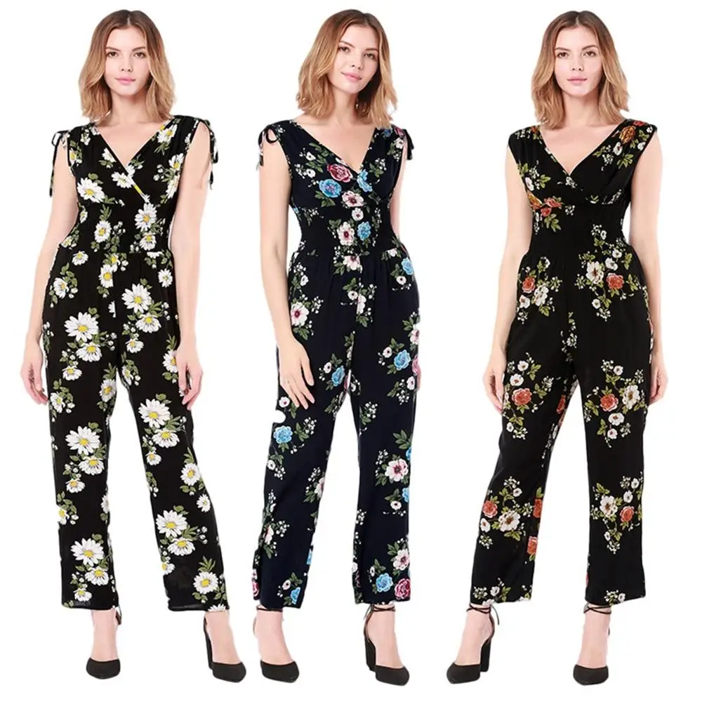 2018 Vintage floral print boho jumpsuit romper V neck sleeveless casual