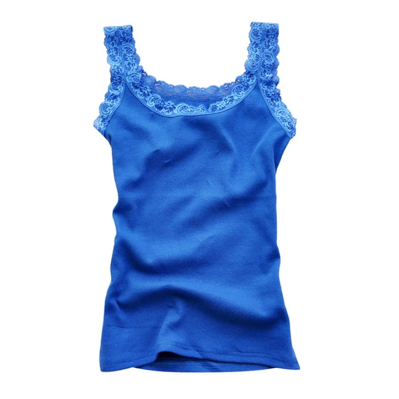 Летние модные женские сексуальные топы, разноцветные безрукавные облегающие темпераментные футболки, кружевные топики - Цвет: Синий