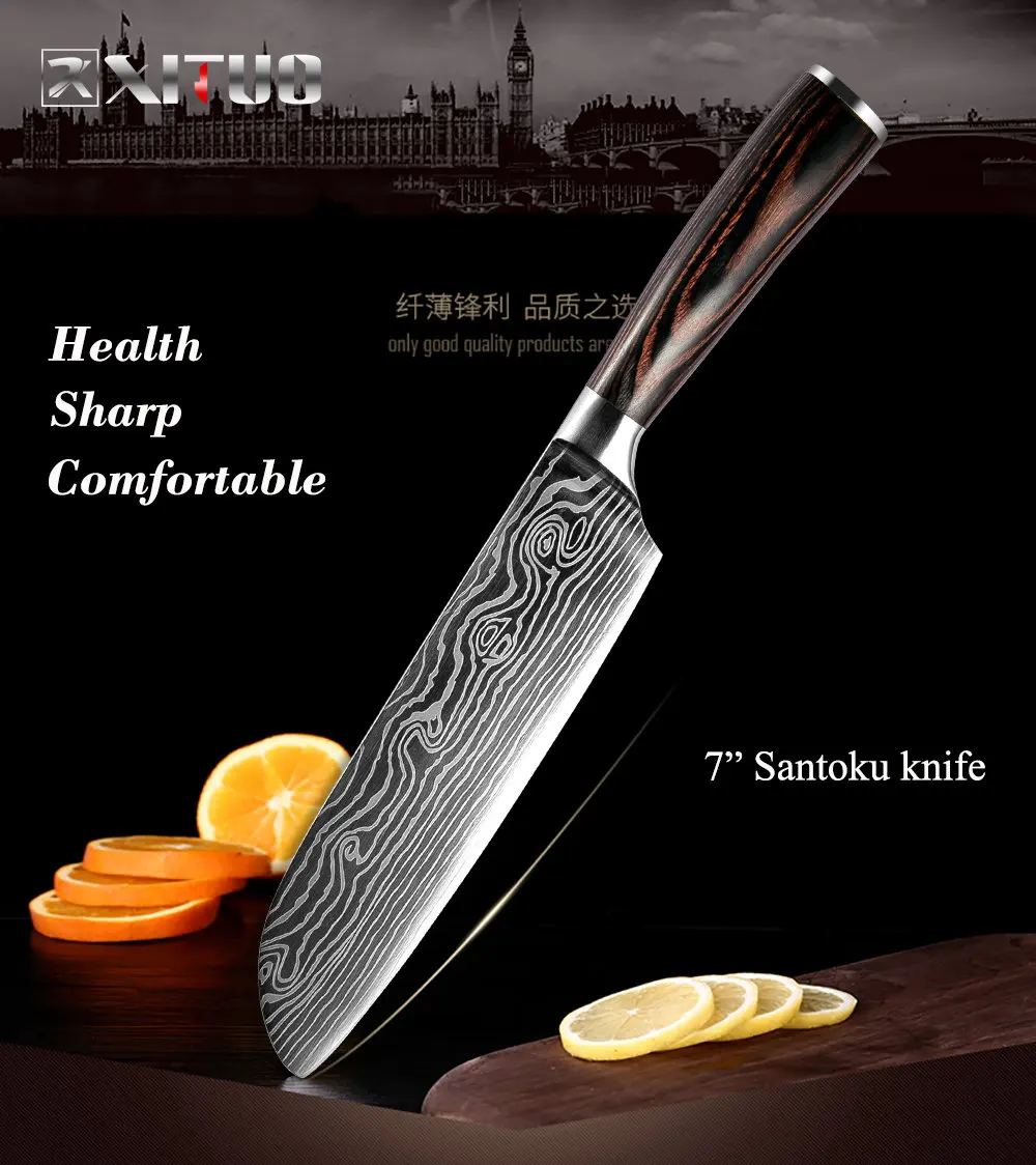 7 inch Santoku knife XITUO, высокое качество, 8 дюймов, нож шеф-повара, лазерная, дамасская сталь, Santoku, кухонные ножи, острый Кливер, нож для нарезки, подарок - Цвет: 7 inch Santoku knife