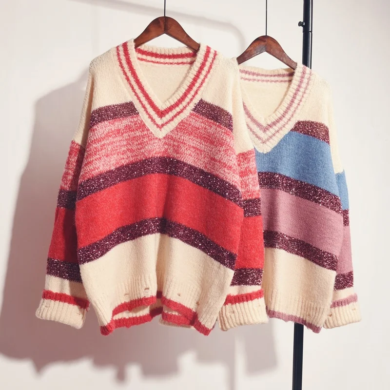 

Женский свитер большого размера Осень-зима Модные Повседневные пуловеры с круглым вырезом и свободными рукавами хлопковые полосатые вязаные свитера