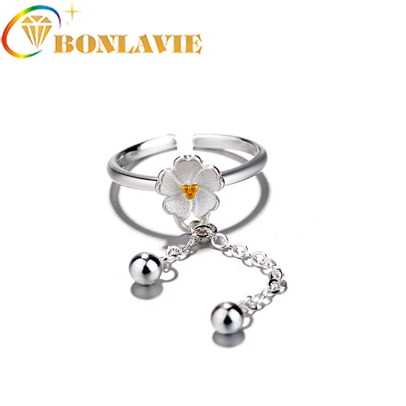 

New Arrival Silver Resizable Open Finger Ring Romantic 2018 Cherry Blossoms Bell Pendant Jewelry Women Original Lady Bijoux Gift