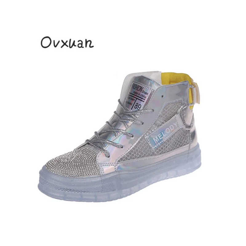 

2019 Summer Breathable Women Platform Boots Luxury Brand Fashion Woman High Top Sneakers Rhinestone Lady Casual High Shoes Flats