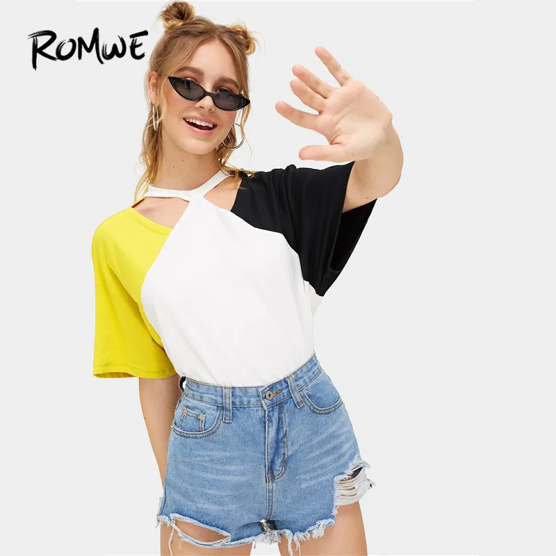 

ROMWE Colorblock Batwing Half Sleeve Casual Cutout Neck Women T Shirts Summer Fashion Multicolor Cut And Sew Tops Tees