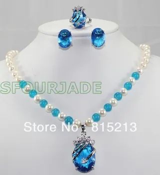 

ddh0345 Fashion Set White Freshwater Pearl Blue Crystal Necklace Earring Ring
