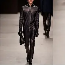 Мужской комбинезон Комбинезоны из искусственной кожи цельные брюки Подиумные модели комбинезоны кожаная куртка на молнии для певицы для сцены костюмы