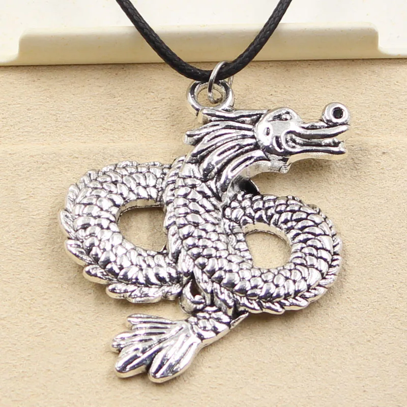 

New Fashion Tibetan Silver Pendant loong dragon Necklace Choker Charm Black Leather Cord Factory Price Handmade jewelry