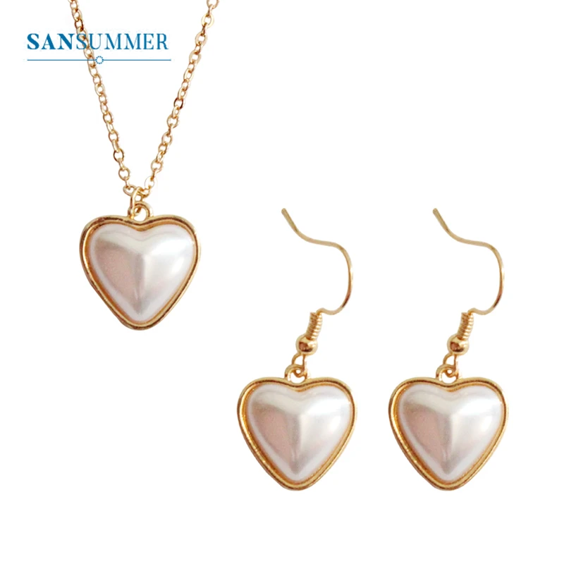 

SANSUMMER Jewelry Set Temperamental Metal Heart Inlaid Large Pearl Necklace Earrings Women'S Jewelry Set Womens Accessories 6241