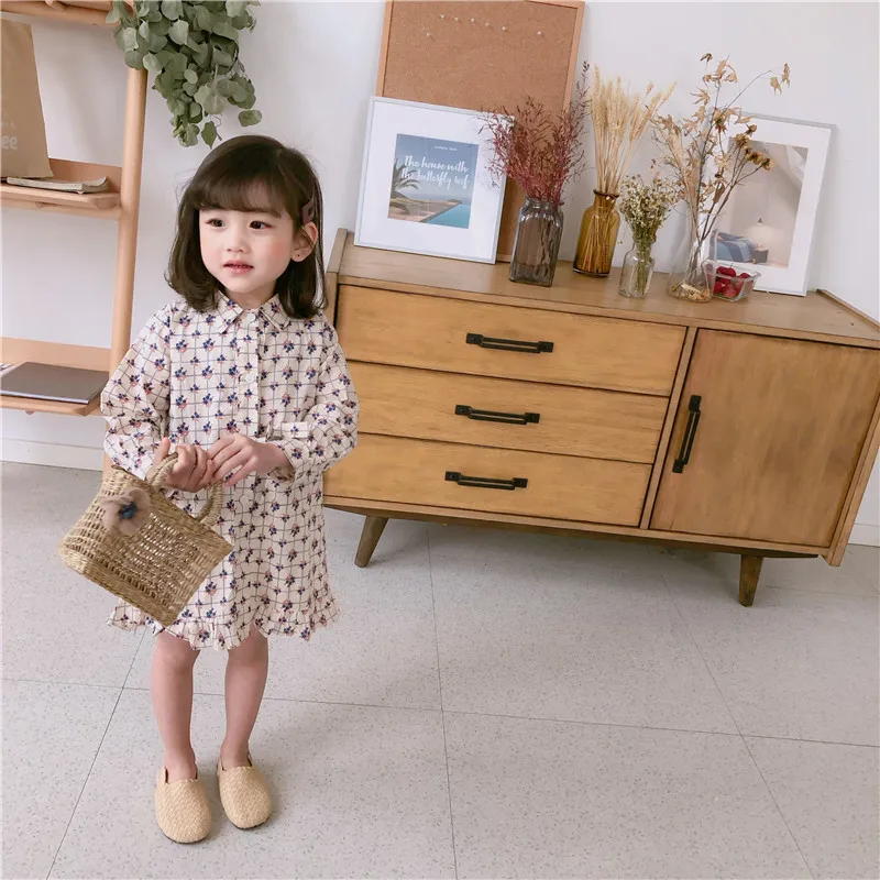 Spring New Arrival korean style cotton shredded chequered long Sleeve all-match princess dress for cute sweet baby girls