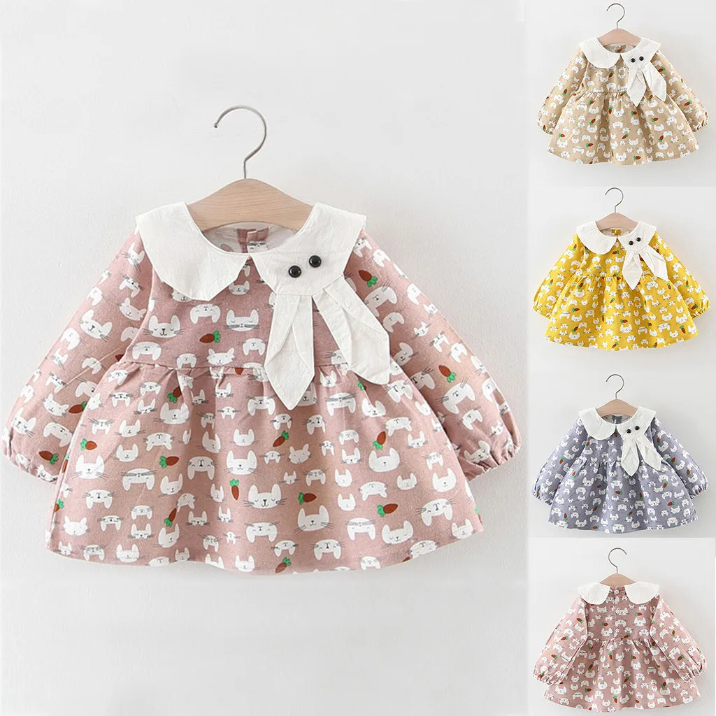 Платье для маленьких девочек осенняя одежда с длинными рукавами для маленьких девочек, милый узор в виде кролика, платья принцессы, одежда, robe fille