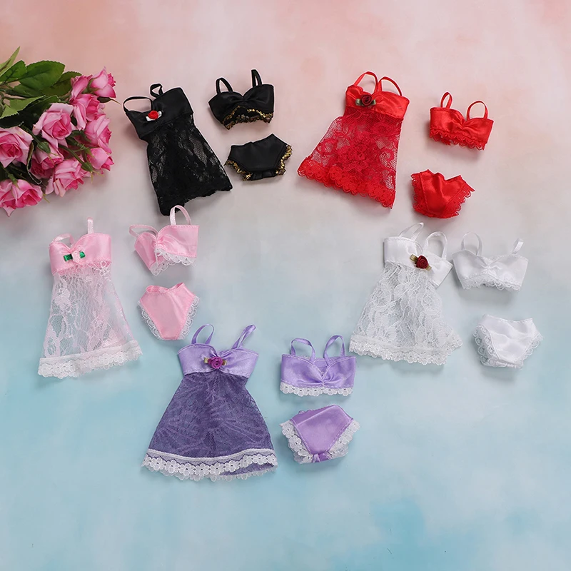 

3Pcs/Set Sexy Pajamas Lingerie Lace Rose Costumes + Bra + Underwear Dress Clothes For Girl Doll Clothes Accessories Girl Toy