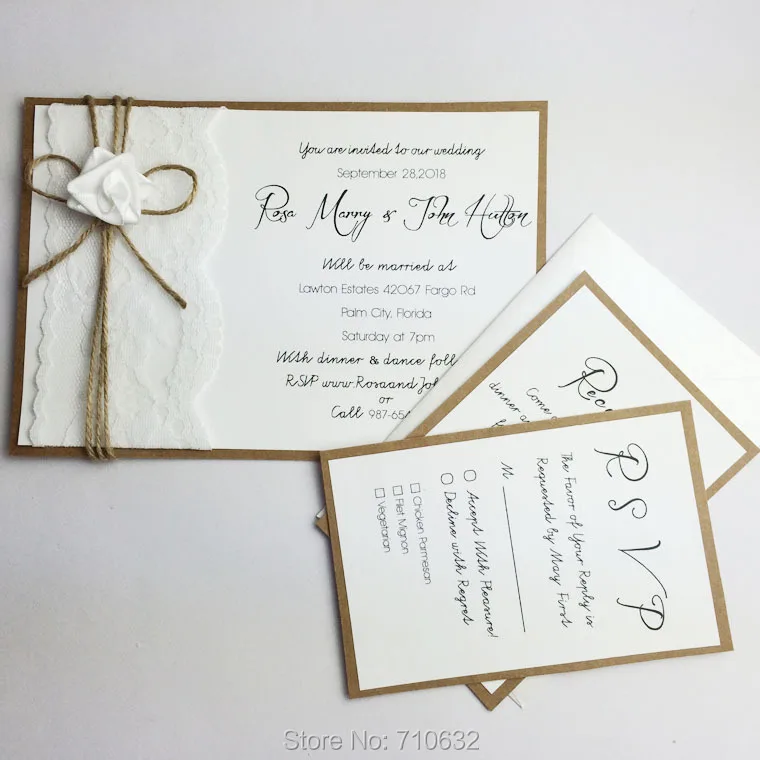 Handmade Creative Rustic Lace Wedding Invitations a set