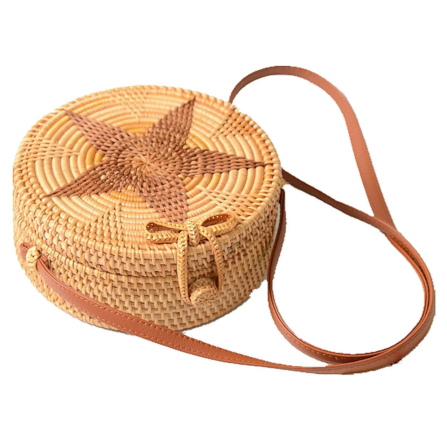 

Women Round Weave Braid Woven Rattan Basket Bag Leather Style Straps Summer Beach Shoulder Bag Darker Star