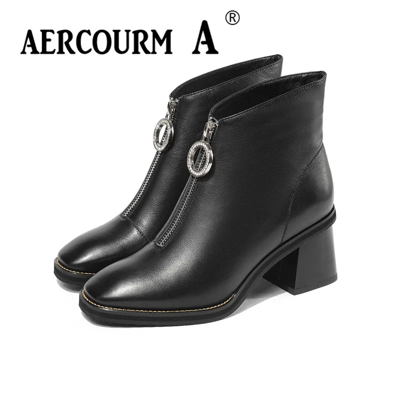 

Aercourm A 2019 Ankle Solid Boots Women Pointed Toe High Heel Genuine Leather Boots Short Plush Boots Women black Winter Shoes