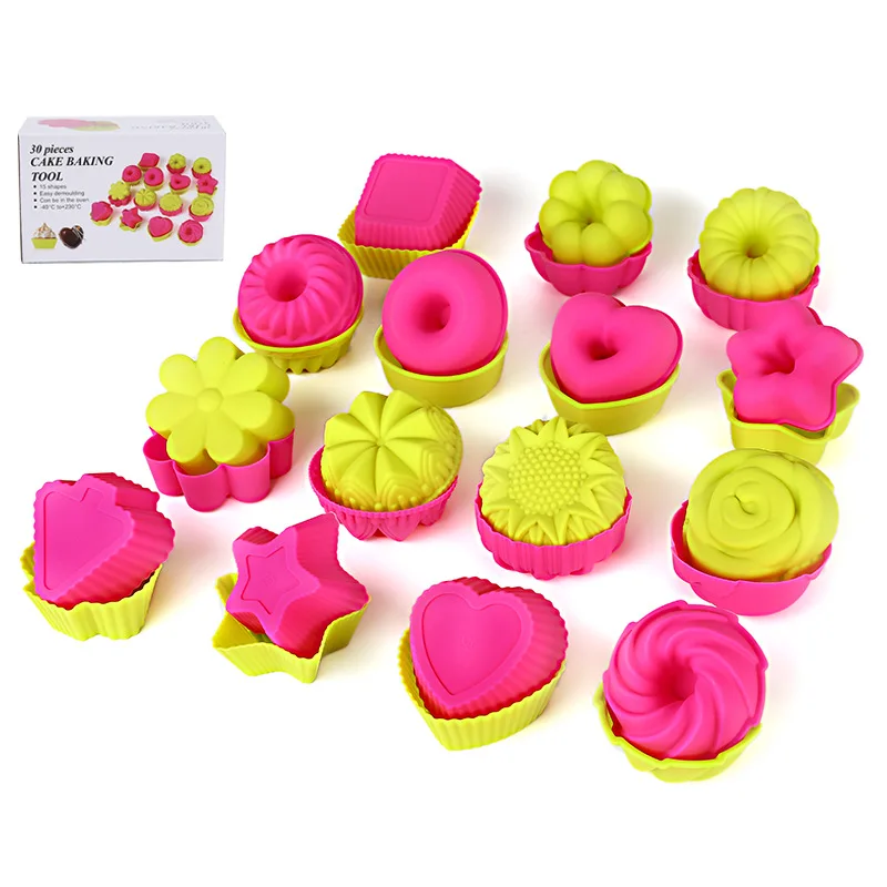 

Cake Mold Easy Clean Silicone Cupcake Liners Reusable Baking Cup Nonstick Pastry Muffin Molds Round Stars Heart Flowers 15 Piece