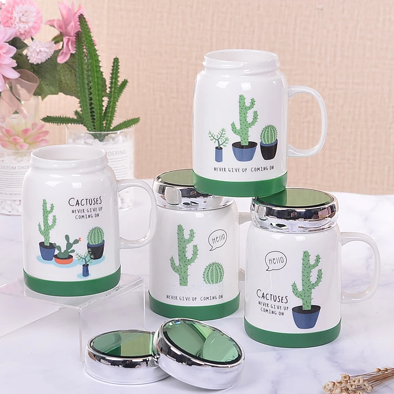 

500ml Ceramic Coffee Mugs with Mirror Lid Set Pink Panther Cactus Food Grade PP Material Tea Cup Mug for Women Girl Student