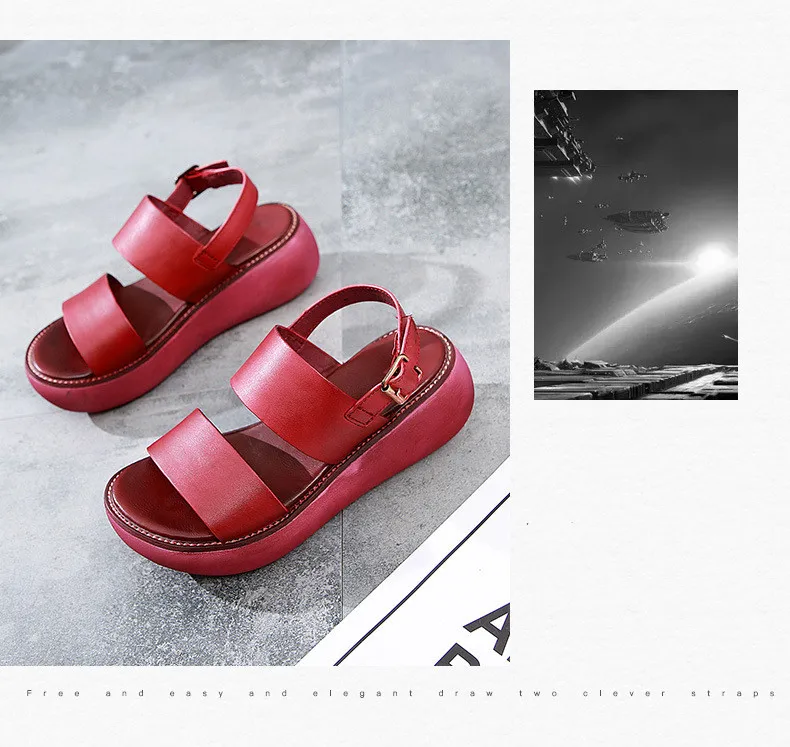 AIYUQI женские сандалии в стиле ретро; Новинка года; летние женские сандалии из натуральной кожи на платформе; повседневная обувь на танкетке; женская обувь красного цвета