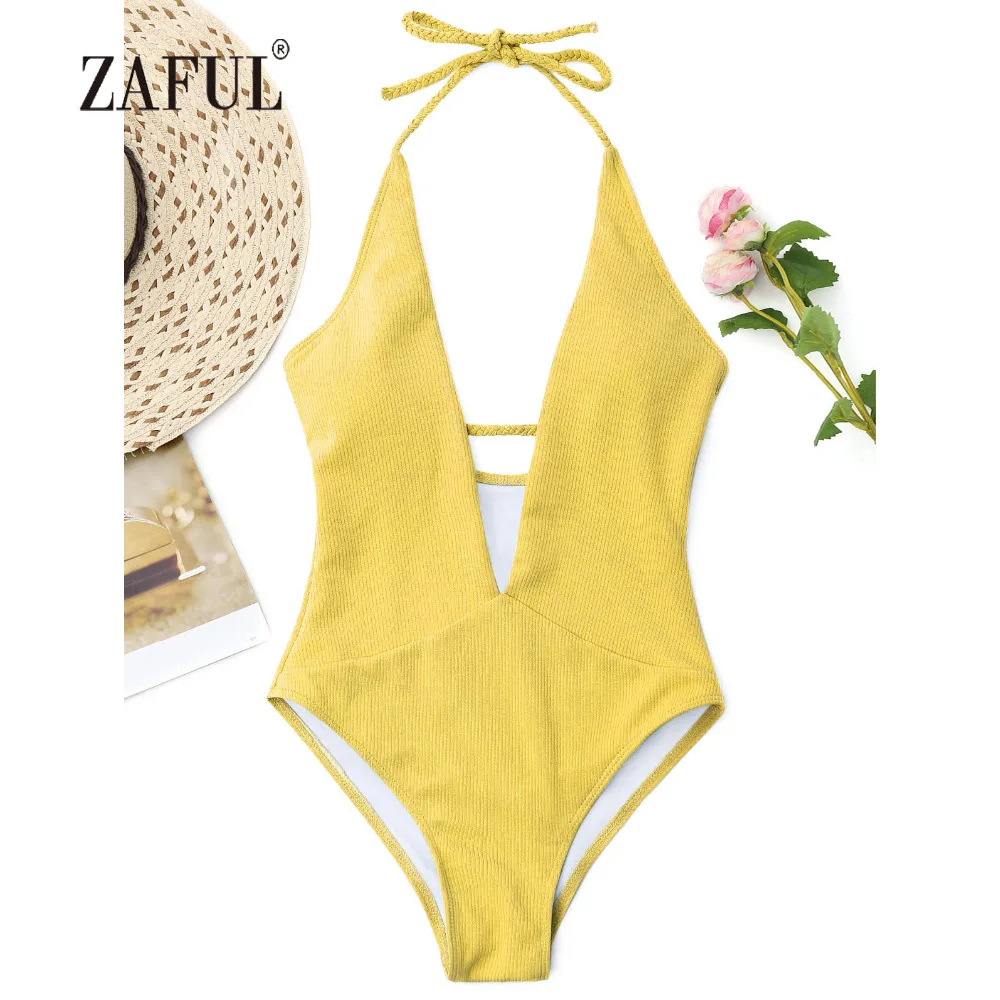 

ZAFUL 2018 New Women One Piece Plunge Neckline Ribbed Plaited Swimwear Women Swimsuit Padded Halter Low Cut Solid Bathing Suit