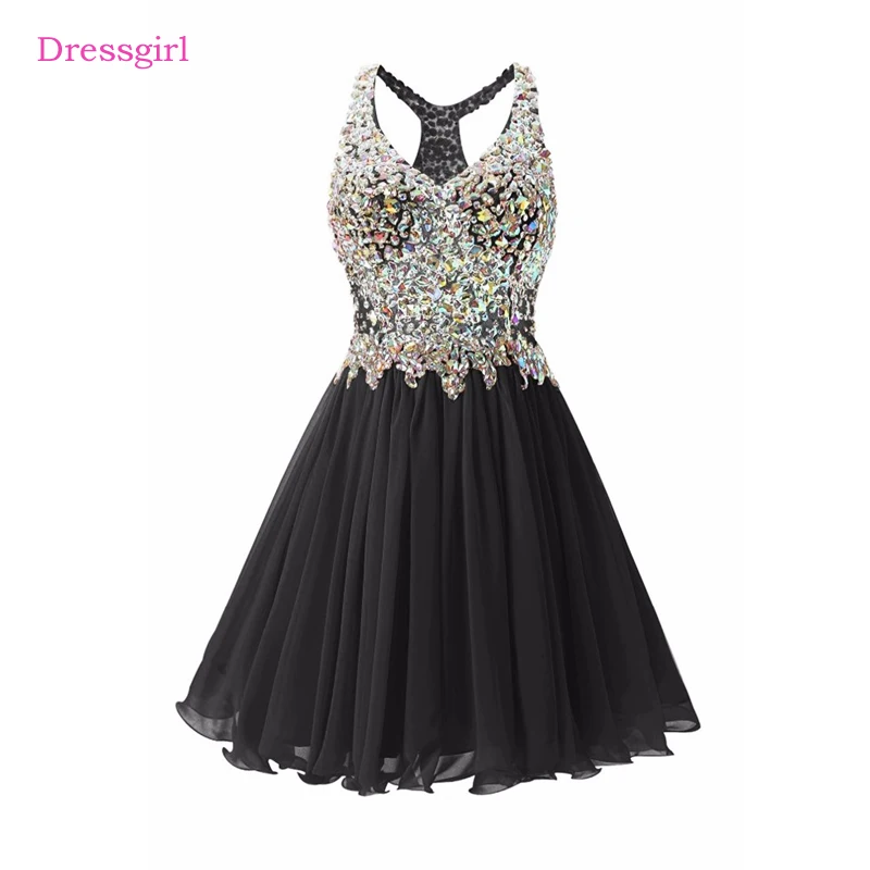 

Black 2017 Elegant Cocktail Dresses A-line V-neck Short Mini Beaded Crystals Open Back Homecoming Dresses