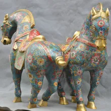Bi00790 1" Китайский Бронзовый ручной народная Перегородчатые лошадь Цветок Статуя Пара