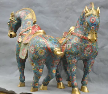 

bi00790 19" Chinese Bronze Hand-folk Cloisonne horse flower statue Pair