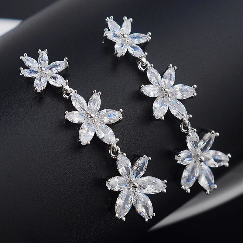 

Luxury AAA CZ Flower Tassel Long Earrings For Women Top Quality Female Jewelry SS925 Silver Needles Wedding Earring Brincos