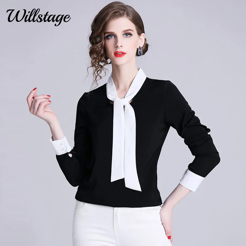 

Willstage Women Black shirts Bow lace up Blouse Formal Office ladies work wear Long Sleeve Elegant 2019 Spring Autumn Tops