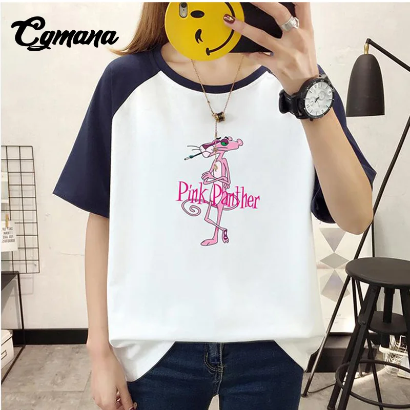 CGmana Women T-shirt 2018 New Fashion Cartoon Pink Panther Printed Cotton T-shirts Female Loose Women T-shirts Casual Tops Tees Tops