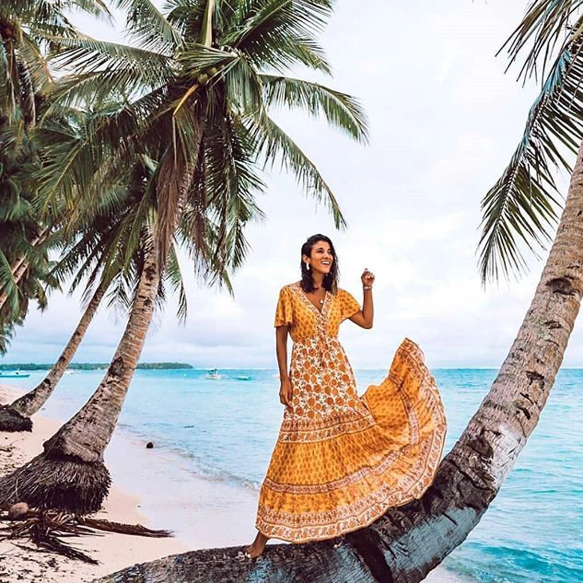 

Bohemian Maxi Dress V-Neck Short Sleeve Women Adjust Waist Casual Beach Long Dress 2019 Summer Dresses Vestidos Party Wear