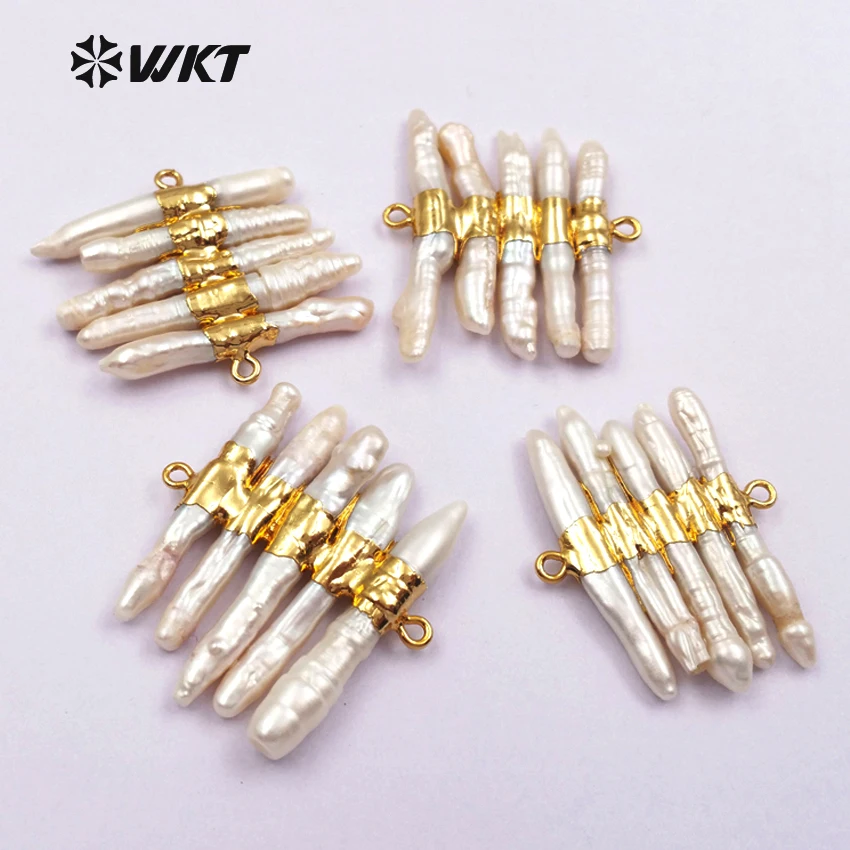 WT-JP039 Wholesale Tiny Stick Natural Freshwater Pearl Connector Charm Accessory With Gold Electroplated for Jewelry