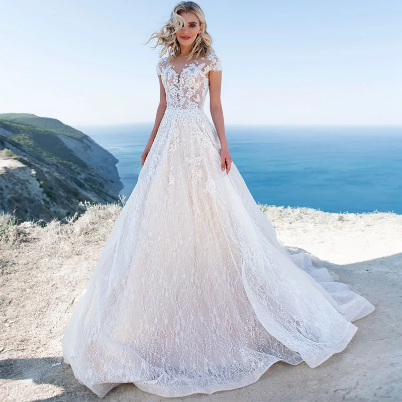 Vestido De Novia, роскошное кружевное свадебное платье принцессы трапециевидной формы,, сексуальный верх, рукава, жемчужные пуговицы, сзади, на заказ, Robe De Mariee - Цвет: Слоновая кость