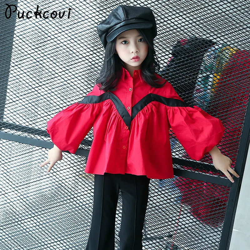 

Girls Blouse 2018 Summer Loose Shirts Kids clothes Costumes Youth Girl Black blouse Lantern sleeves Fashion White shirt 3-12y