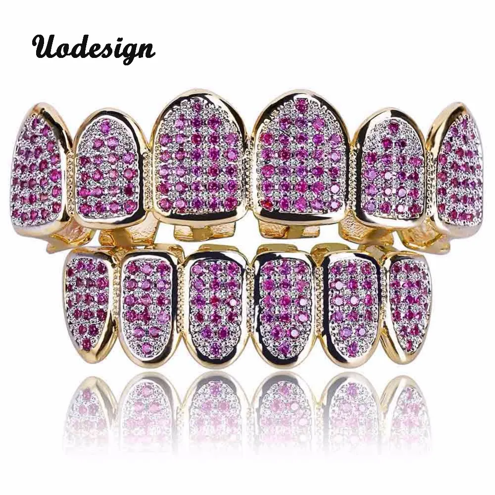 Gold Teeth Grills Rhinstone pink zircon paved aaa cz Top Bottom Bling Teeth Hiphop Grills Tooth Caps Cosplay Teeth Body Jewelry