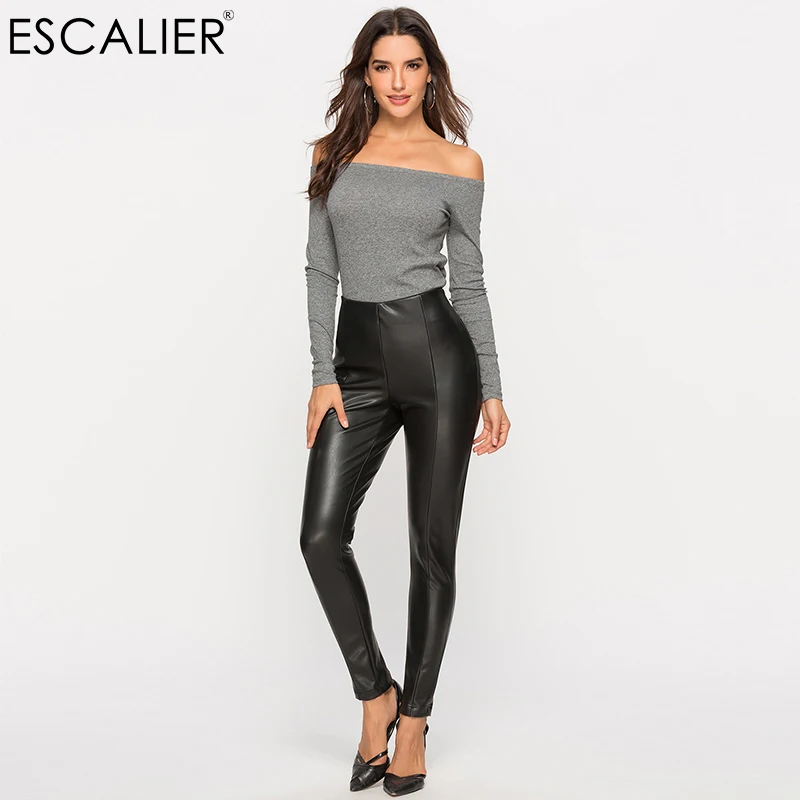 

ESCALIER Black PU Skinny Leather Pants Office Lady High Waist Trousers Women Clothes 2018 Autumn Stretchy Womens Pencil Pants