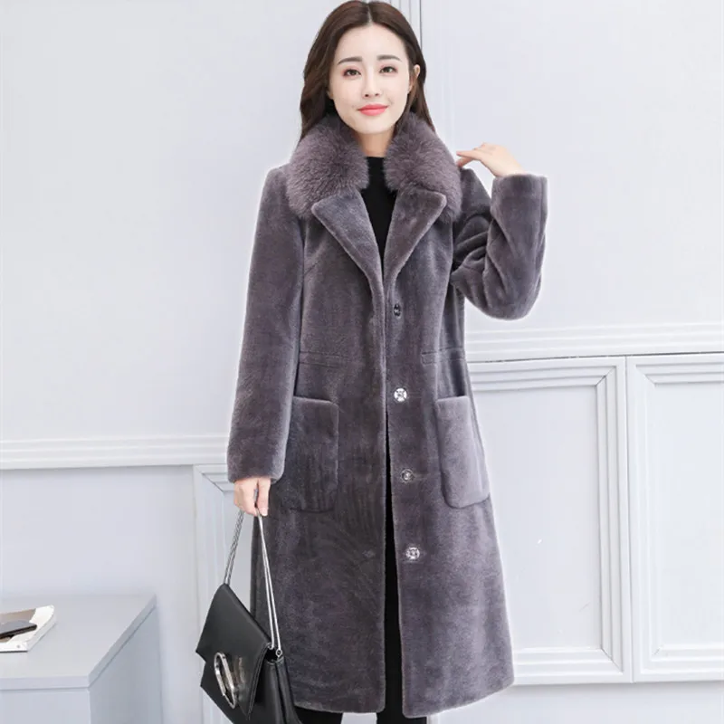 HANZANGL женская шуба из искусственного меха пальто новое зимнее овечье стриженное пальто лисий мех воротник куртка женская теплая длинная