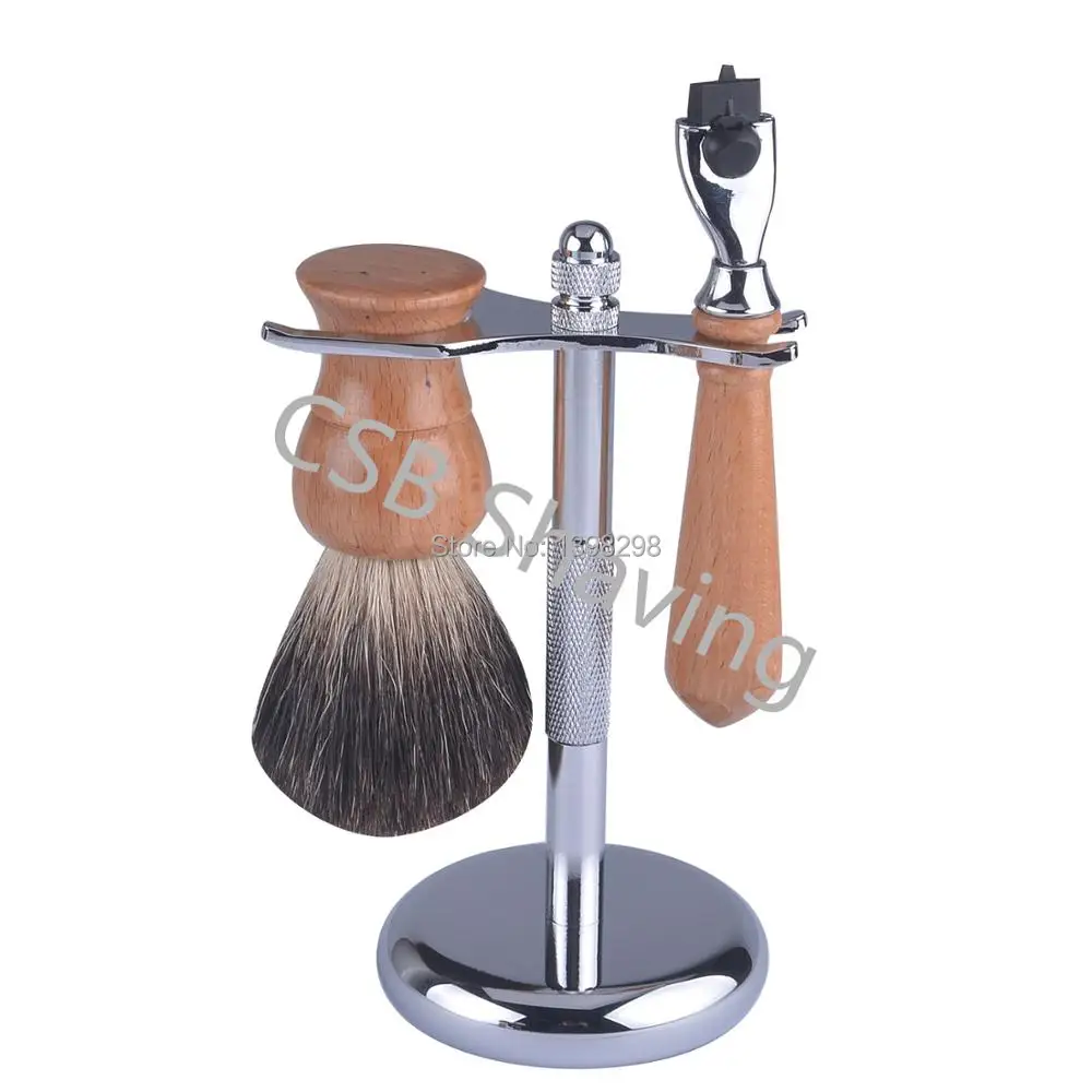 

CSB Wood Shaving Brush Set Salon Men Facial Black Badger Hair Beard Cleaning Appliance Tools with Trimple Blades Razor