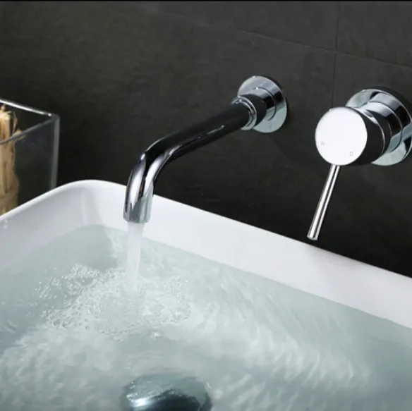 

Brass Chrome Simple Style Wall Mounted Basin Faucet Single Handle Mixer Tap Hot & Cold Water Concealed Installation Faucet