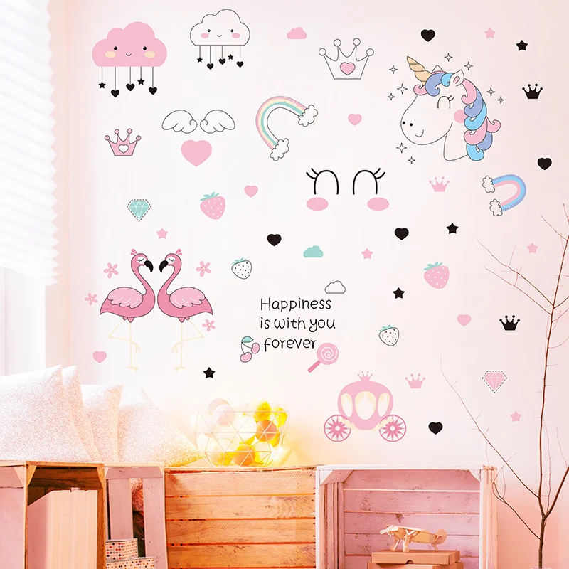 

[shijuekongjian] Cartoon Unicorn Flamingos Wall Stickers Vinyl DIY Animal Wall Decals for Kids Room Baby Bedroom Decoration