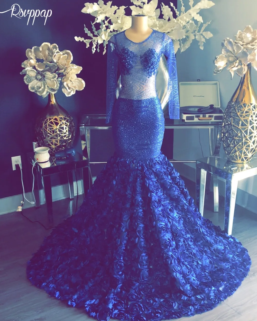 

Long Sparkly Prom Dresses 2020 Sheer Glitter Long Sleeve Royal Blue African Black Girl Royal Blue Flowers Mermaid Prom Dress