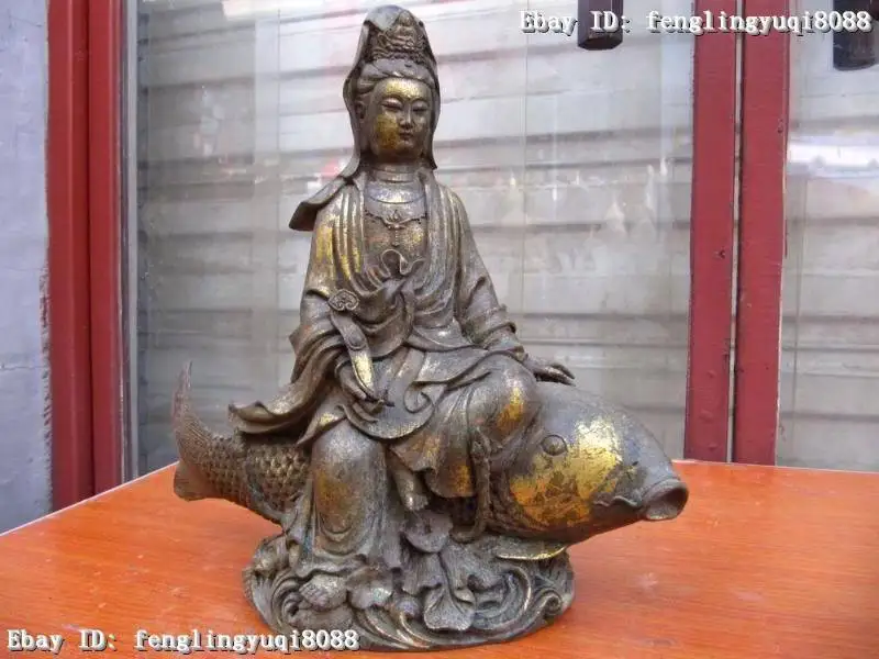 

Старая Античная Бронза Медь позолота Кван-Инь Гуань Инь Будда ездить на рыбе