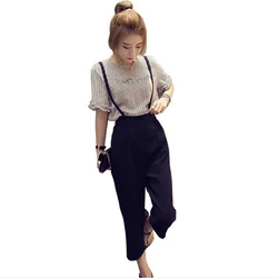 Womens Black Wide Leg Strap Pants + Short Sleeve Loose Polyester T-Shirts 2PCS Set 2019 New Fashion Womens Black Wide Leg Strap Pants + Short Sleeve Loose Polyester T-Shirts 2PCS Set 2019 New Fashion