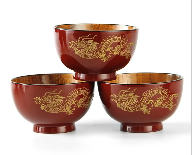 Chinese style Carved wooden bowl dragon phoenix carving high quality natural wooden bowl soup
