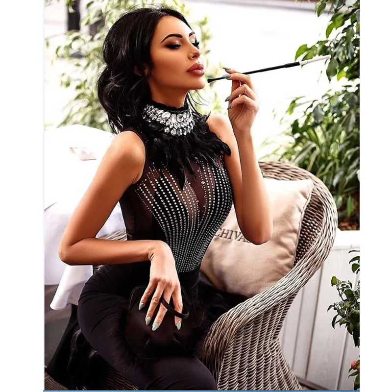 

2019 new Black crystal feather beaded bandage dress summer autumn spring Sexy evening Party Bodycon wholesale womens clothing HL