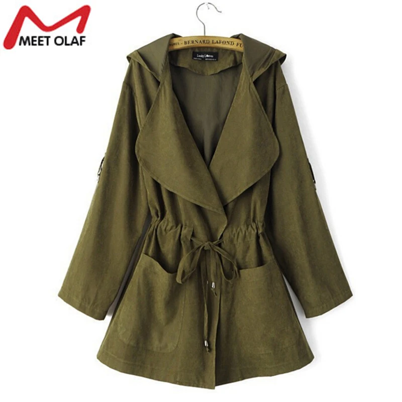 

New Women Trench Coat Spring Elegant Khaki Drawstring Waist Long Coats Female Casual Windbreakers Ladies Raincoat Casacos YL324