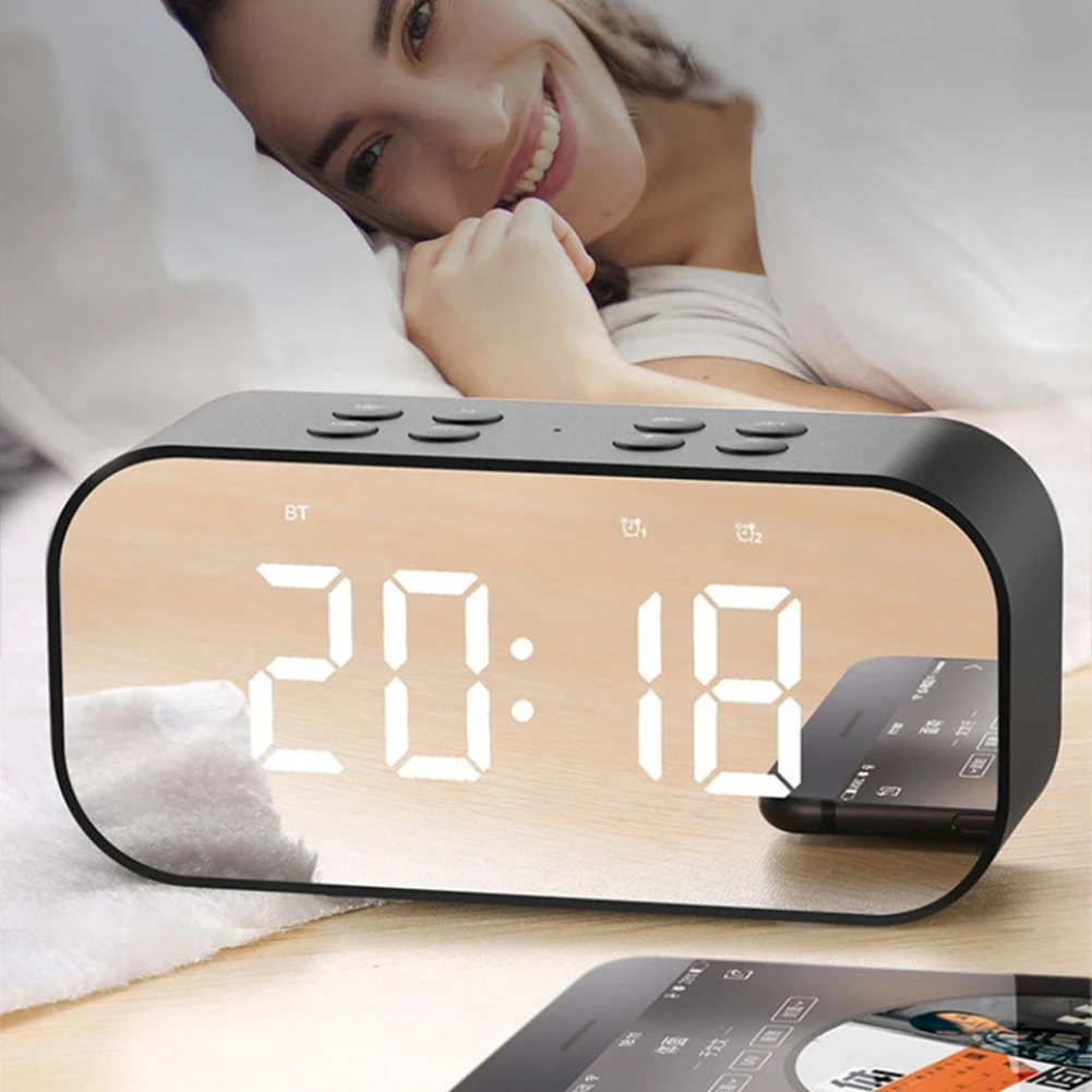 Bluetooth Speaker with FM Radio LED Mirror Alarm Clock Subwoofer Music Player Snooze Desktop Clock Portable Mirror MP3 Player