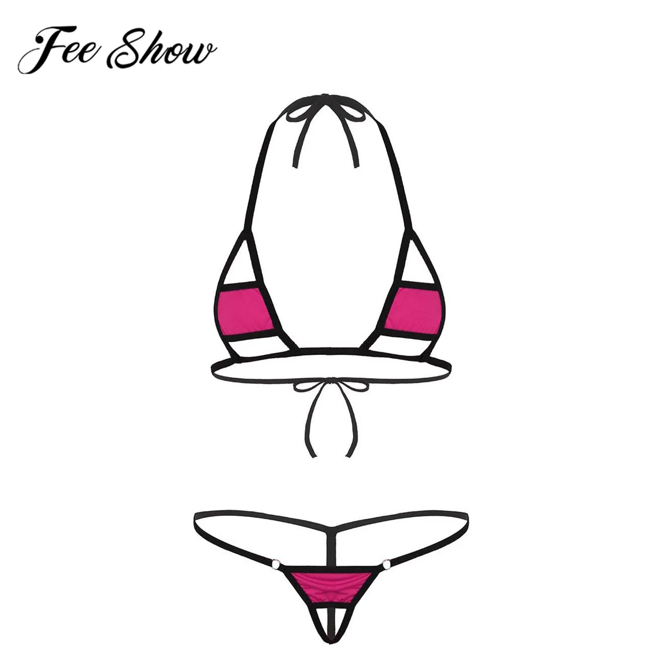 

Sexy Women Lingerie Beachwear Halter Neck Self-tie Mini Micro Bikini Bra Top with G-String Briefs Underwear Underpants Partywear