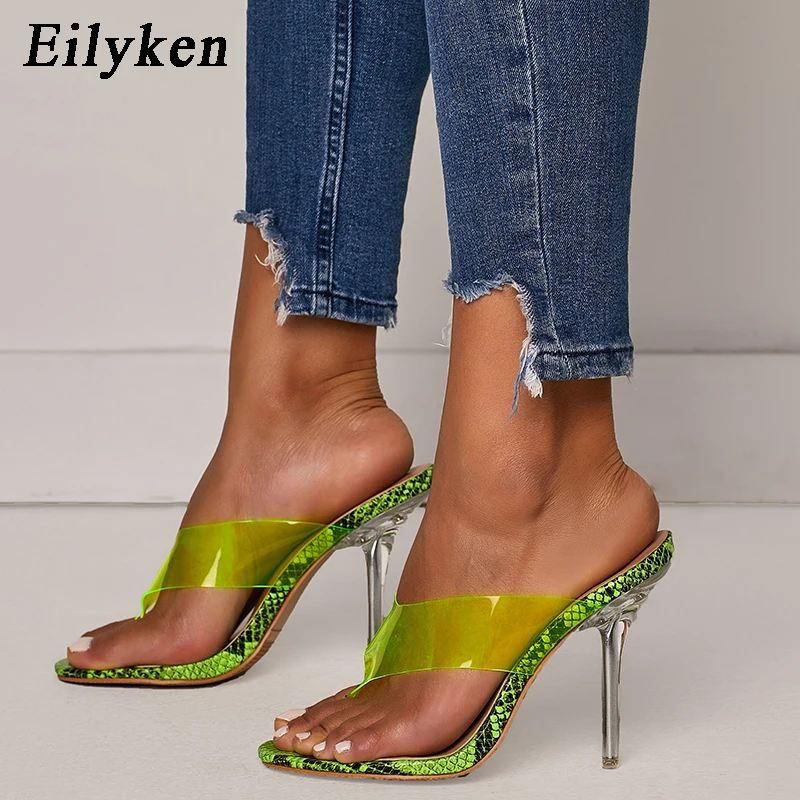 Eilyken/летние модные зеленые змеиные тапочки; пикантные прозрачные вечерние Шлепанцы из ПВХ на высоком каблуке со стразами; Вьетнамки; размер 42