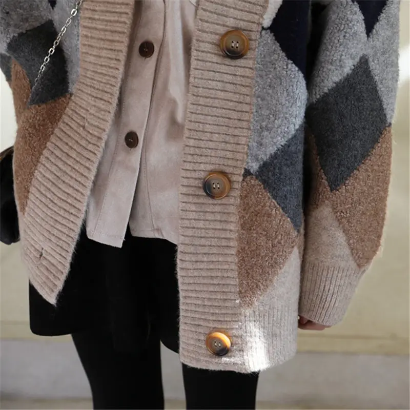 En Mujeres Las V Invierno Cardigan Retro Chaqueta Nuevo Elegante dark Grey Yp115 Blue Y Cuello red Suéter Casual Suelto Grueso 2019 De Cuadros Punto 4wfvqIP