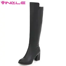 VINLLE/ г. женская обувь Ботфорты черные женские мотоциклетные ботинки на квадратном среднем каблуке с острым носком на эластичной молнии размер 34-43