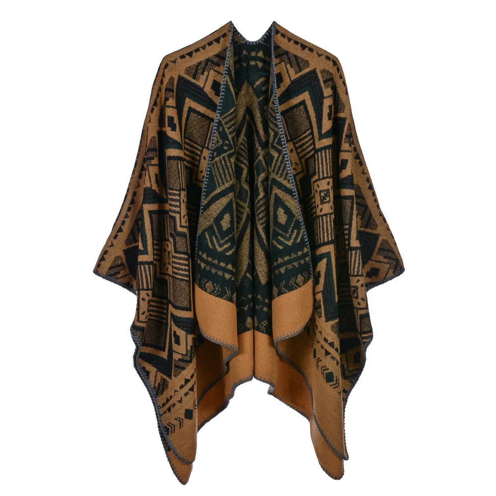 

Ethnic Style Geometric Print Poncho Cashmere Scarves Women Winter Warm Shawls Wraps Brand Designer Pashmina Thick Capes Femme