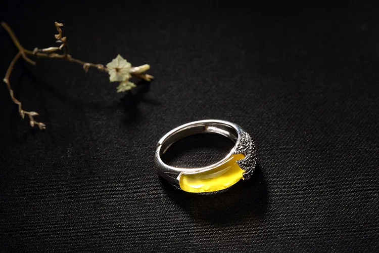 Кольца с перьями в виде павлина из настоящего 925 пробы серебра для женщин, винтажные тайские серебряные кольца с халцедоном - Цвет камня: Цвет: желтый